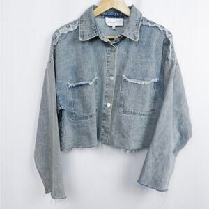 Emory Park Distressed Cutoff Fringe Jean Jacket Size S Blue Faded Denim Western